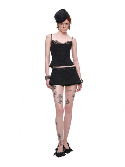 Herringbone Corset Patchwork Lace Faux Two-Piece Waist-Cinching Slimming Double-Breasted Strap Tops【s0000017839】