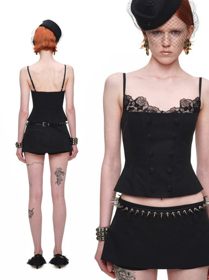 Herringbone Corset Patchwork Lace Faux Two-Piece Waist-Cinching Slimming Double-Breasted Strap Tops【s0000017839】