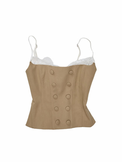 Herringbone Corset Patchwork Lace Faux Two-Piece Waist-Cinching Slimming Double-Breasted Strap Tops【s0000017839】