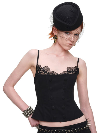 Herringbone Corset Patchwork Lace Faux Two-Piece Waist-Cinching Slimming Double-Breasted Strap Tops【s0000017839】
