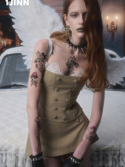 Herringbone Corset Patchwork Lace Faux Two-Piece Waist-Cinching Slimming Double-Breasted Strap Tops【s0000017839】