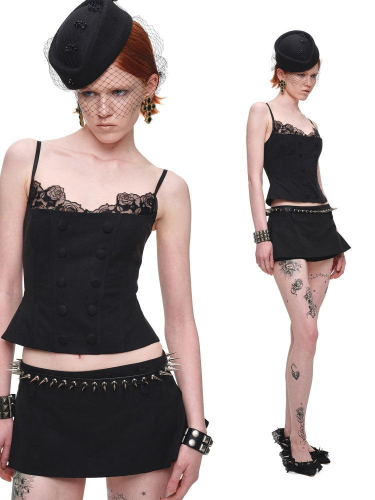 Herringbone Corset Patchwork Lace Faux Two-Piece Waist-Cinching Slimming Double-Breasted Strap Tops【s0000017839】