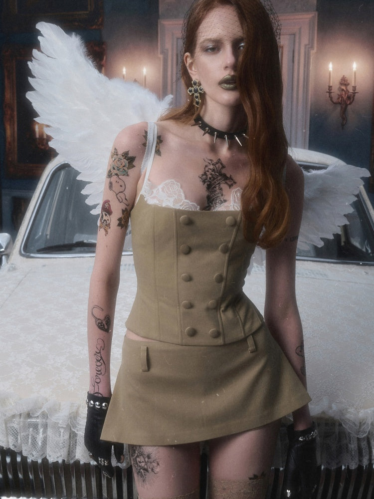 Herringbone Corset Patchwork Lace Faux Two-Piece Waist-Cinching Slimming Double-Breasted Strap Tops【s0000017839】