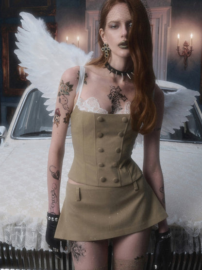 Herringbone Corset Patchwork Lace Faux Two-Piece Waist-Cinching Slimming Double-Breasted Strap Tops【s0000017839】