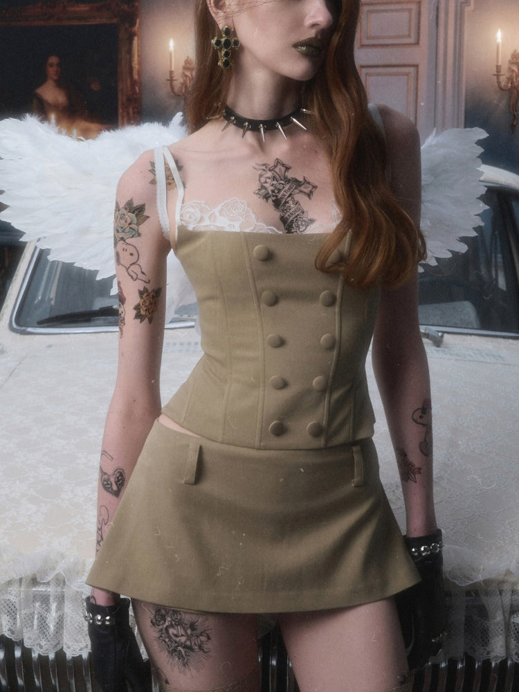 Herringbone Corset Patchwork Lace Faux Two-Piece Waist-Cinching Slimming Double-Breasted Strap Tops【s0000017839】