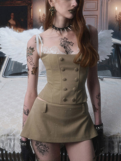 Herringbone Corset Patchwork Lace Faux Two-Piece Waist-Cinching Slimming Double-Breasted Strap Tops【s0000017839】