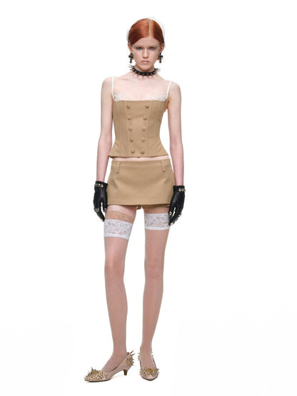 Herringbone Corset Patchwork Lace Faux Two-Piece Waist-Cinching Slimming Double-Breasted Strap Tops【s0000017839】