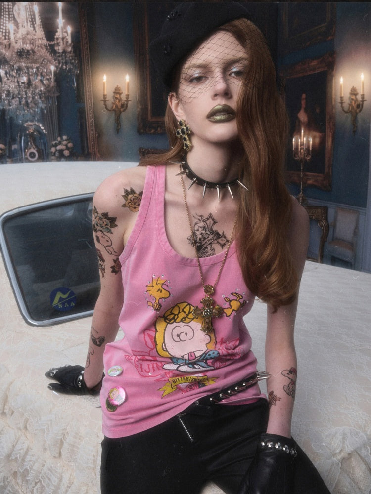 1JINN STUDIO × Snoopy Collaboration vVintage Printed Washed Loose Rhinestone U-Line Tank Top【s0000017840】