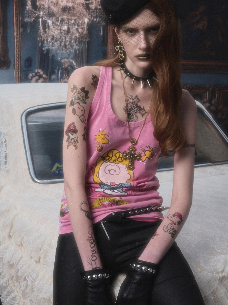1JINN STUDIO × Snoopy Collaboration vVintage Printed Washed Loose Rhinestone U-Line Tank Top【s0000017840】
