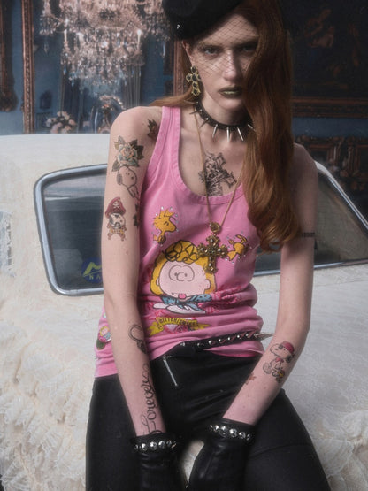 1JINN STUDIO × Snoopy Collaboration vVintage Printed Washed Loose Rhinestone U-Line Tank Top【s0000017840】