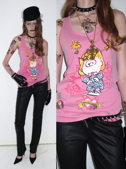 1JINN STUDIO × Snoopy Collaboration vVintage Printed Washed Loose Rhinestone U-Line Tank Top【s0000017840】