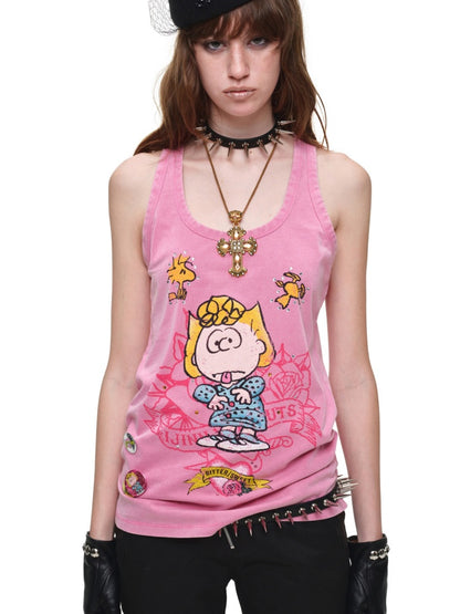 1JINN STUDIO × Snoopy Collaboration vVintage Printed Washed Loose Rhinestone U-Line Tank Top【s0000017840】