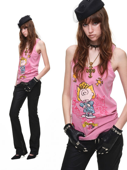 1JINN STUDIO × Snoopy Collaboration vVintage Printed Washed Loose Rhinestone U-Line Tank Top【s0000017840】