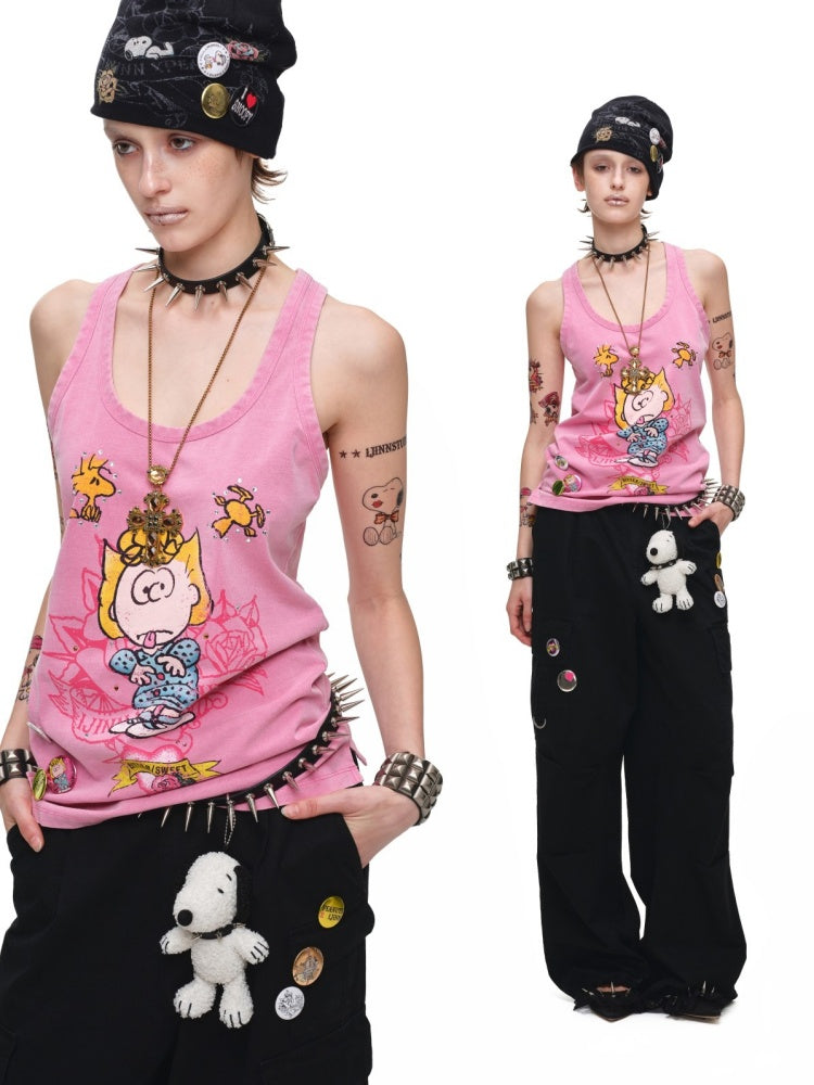 1JINN STUDIO × Snoopy Collaboration vVintage Printed Washed Loose Rhinestone U-Line Tank Top【s0000017840】