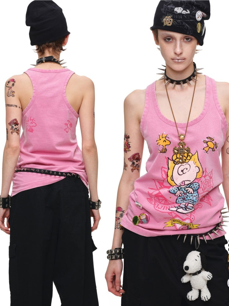 1JINN STUDIO × Snoopy Collaboration vVintage Printed Washed Loose Rhinestone U-Line Tank Top【s0000017840】