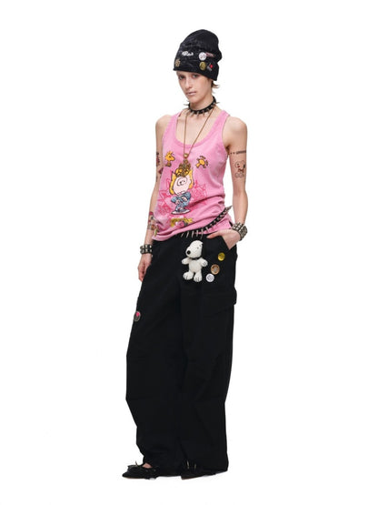 1JINN STUDIO × Snoopy Collaboration vVintage Printed Washed Loose Rhinestone U-Line Tank Top【s0000017840】