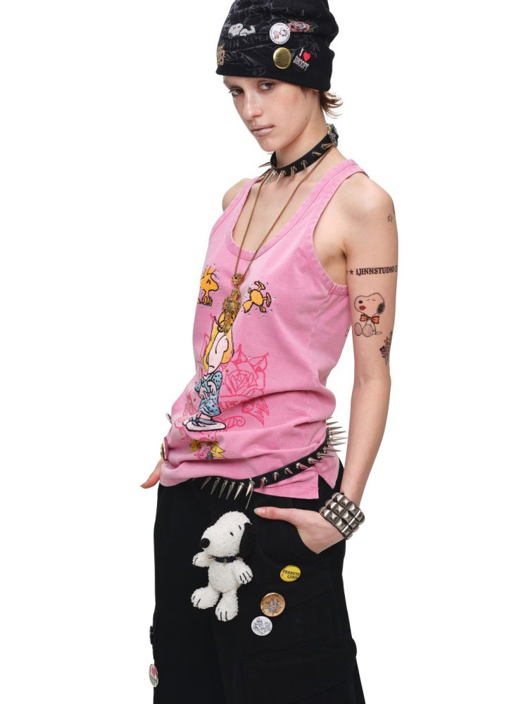 1JINN STUDIO × Snoopy Collaboration vVintage Printed Washed Loose Rhinestone U-Line Tank Top【s0000017840】