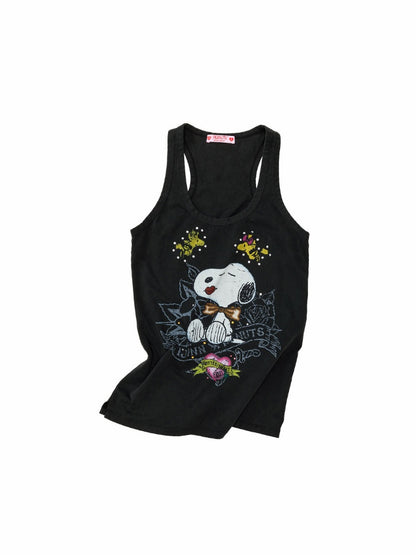 1JINN STUDIO × Snoopy Collaboration vVintage Printed Washed Loose Rhinestone U-Line Tank Top【s0000017840】