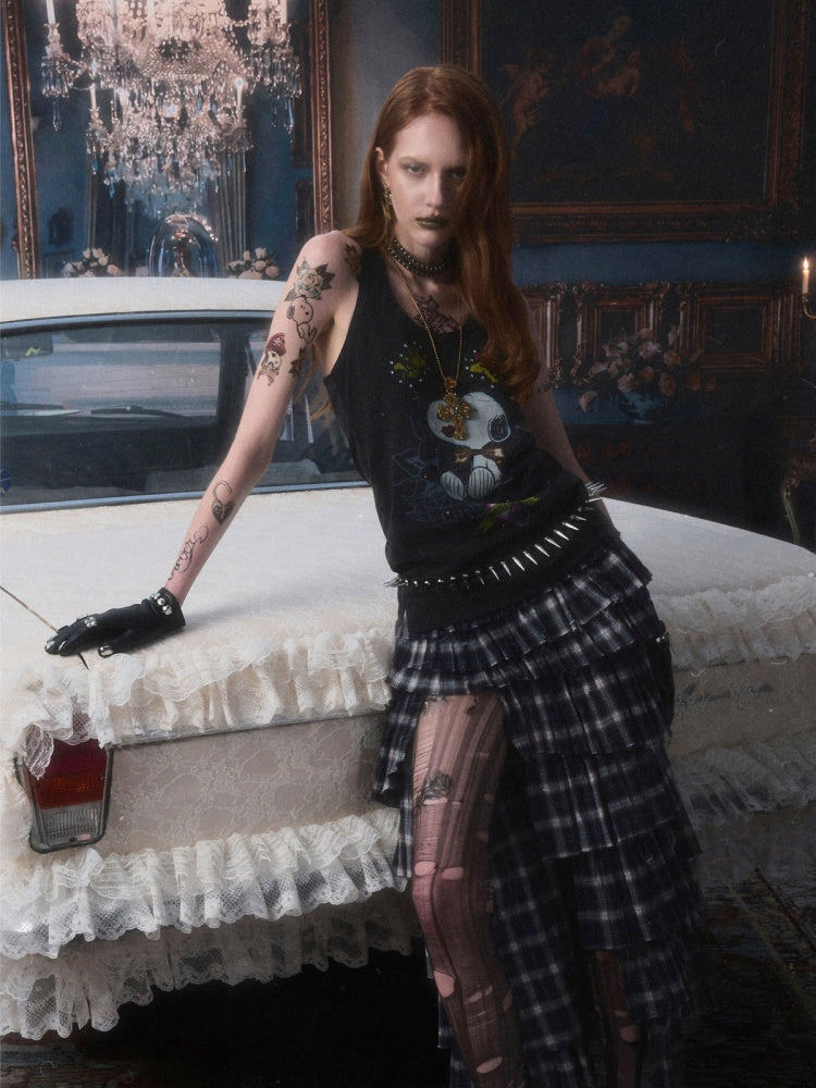 1JINN STUDIO × Snoopy Collaboration vVintage Printed Washed Loose Rhinestone U-Line Tank Top【s0000017840】