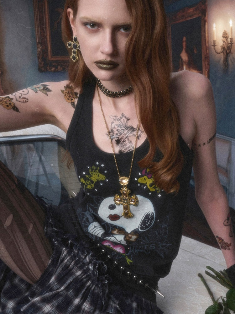 1JINN STUDIO × Snoopy Collaboration vVintage Printed Washed Loose Rhinestone U-Line Tank Top【s0000017840】