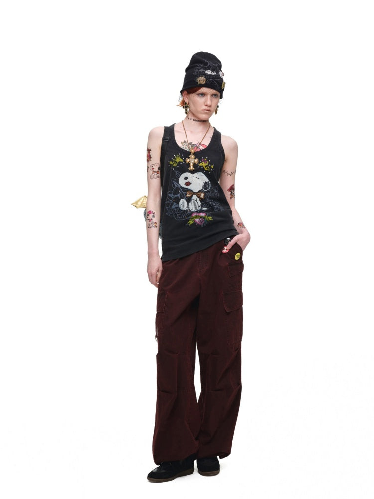 1JINN STUDIO × Snoopy Collaboration vVintage Printed Washed Loose Rhinestone U-Line Tank Top【s0000017840】
