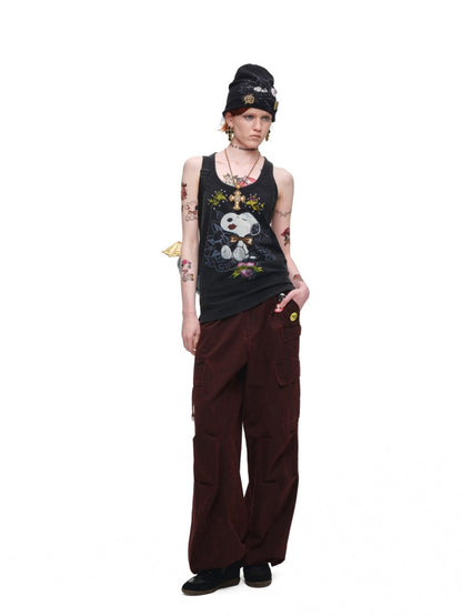 1JINN STUDIO × Snoopy Collaboration vVintage Printed Washed Loose Rhinestone U-Line Tank Top【s0000017840】