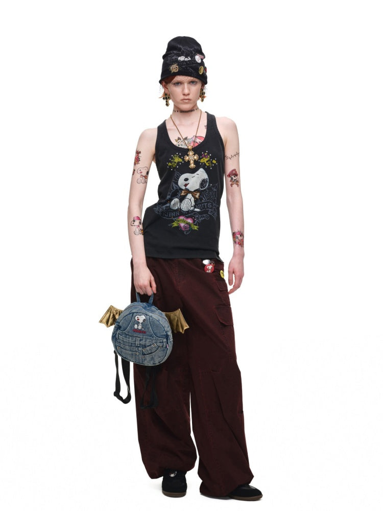 1JINN STUDIO × Snoopy Collaboration vVintage Printed Washed Loose Rhinestone U-Line Tank Top【s0000017840】