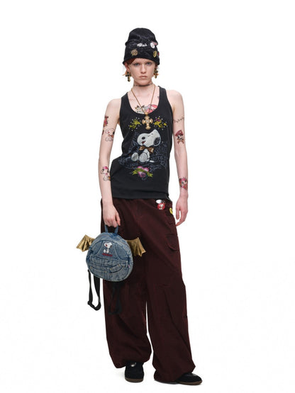 1JINN STUDIO × Snoopy Collaboration vVintage Printed Washed Loose Rhinestone U-Line Tank Top【s0000017840】
