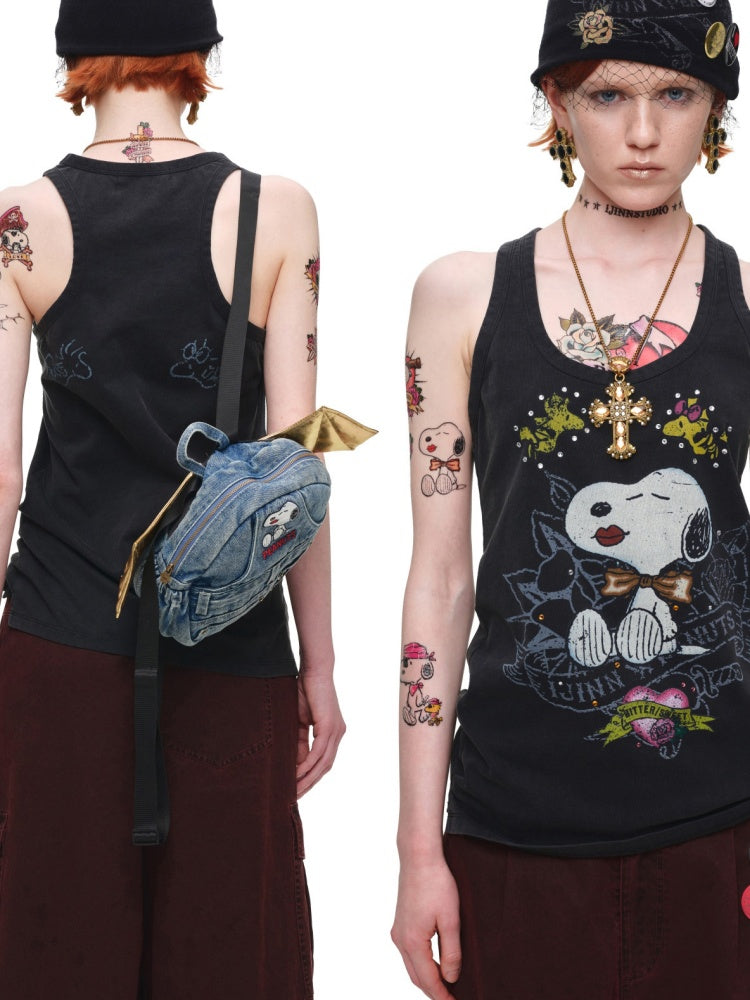 1JINN STUDIO × Snoopy Collaboration vVintage Printed Washed Loose Rhinestone U-Line Tank Top【s0000017840】