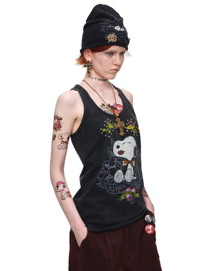 1JINN STUDIO × Snoopy Collaboration vVintage Printed Washed Loose Rhinestone U-Line Tank Top【s0000017840】