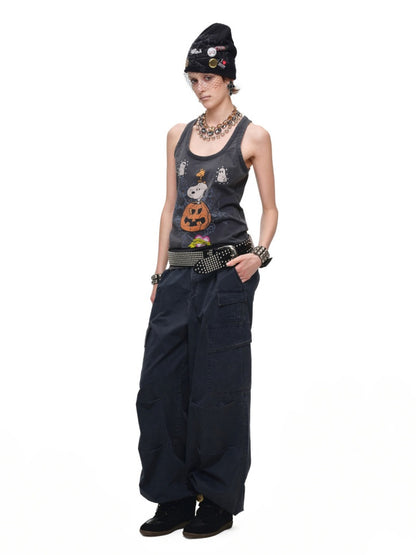 1JINN STUDIO × Snoopy Collaboration vVintage Printed Washed Loose Rhinestone U-Line Tank Top【s0000017840】