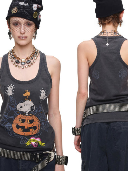 1JINN STUDIO × Snoopy Collaboration vVintage Printed Washed Loose Rhinestone U-Line Tank Top【s0000017840】