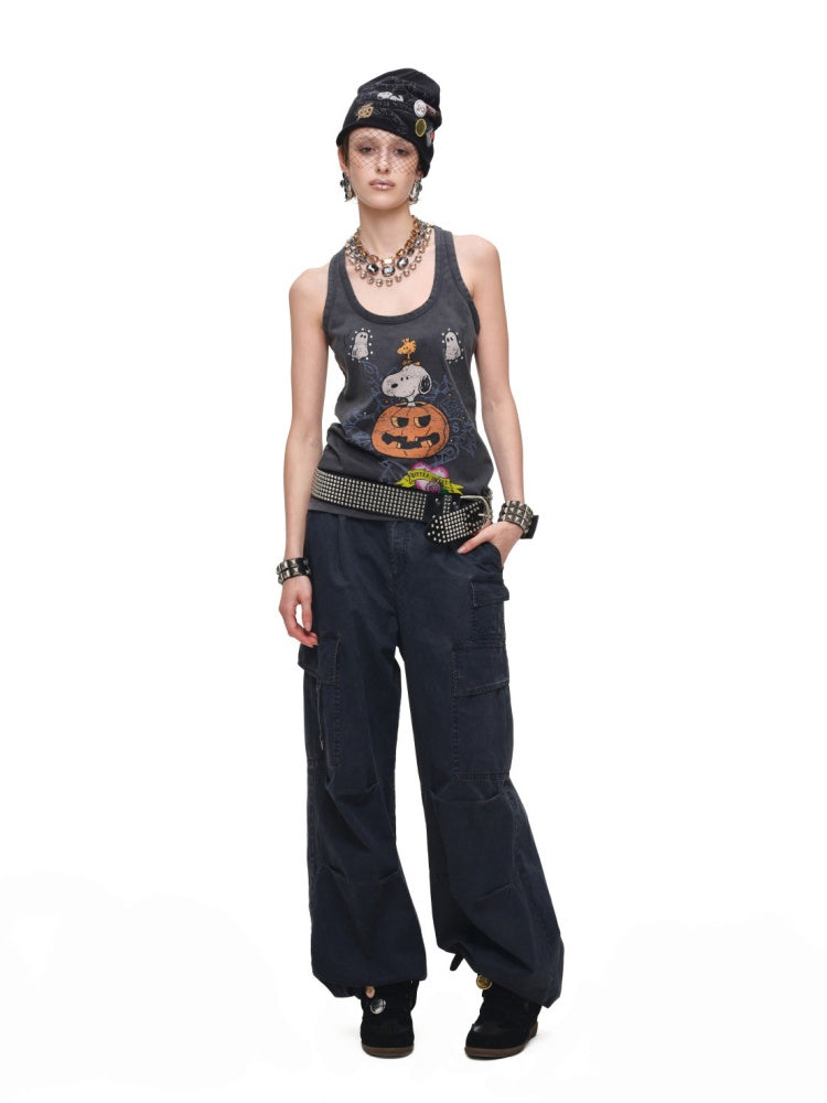 1JINN STUDIO × Snoopy Collaboration vVintage Printed Washed Loose Rhinestone U-Line Tank Top【s0000017840】