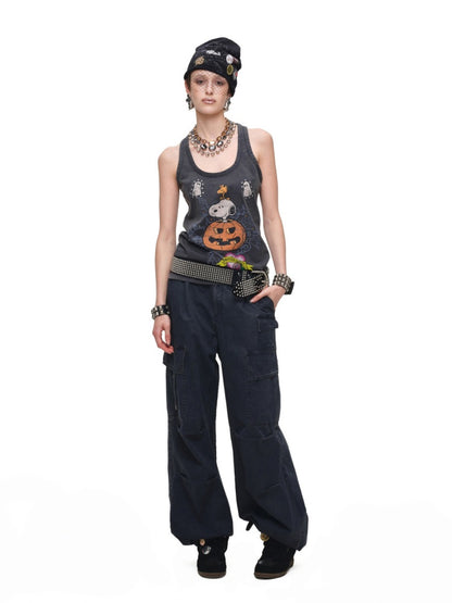 1JINN STUDIO × Snoopy Collaboration vVintage Printed Washed Loose Rhinestone U-Line Tank Top【s0000017840】