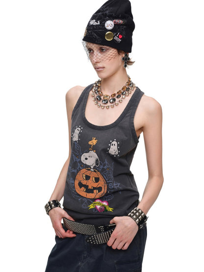 1JINN STUDIO × Snoopy Collaboration vVintage Printed Washed Loose Rhinestone U-Line Tank Top【s0000017840】