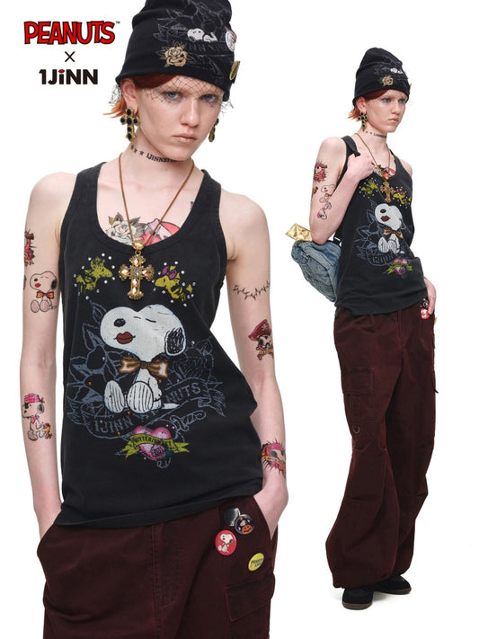 1JINN STUDIO × Snoopy Collaboration vVintage Printed Washed Loose Rhinestone U-Line Tank Top【s0000017840】
