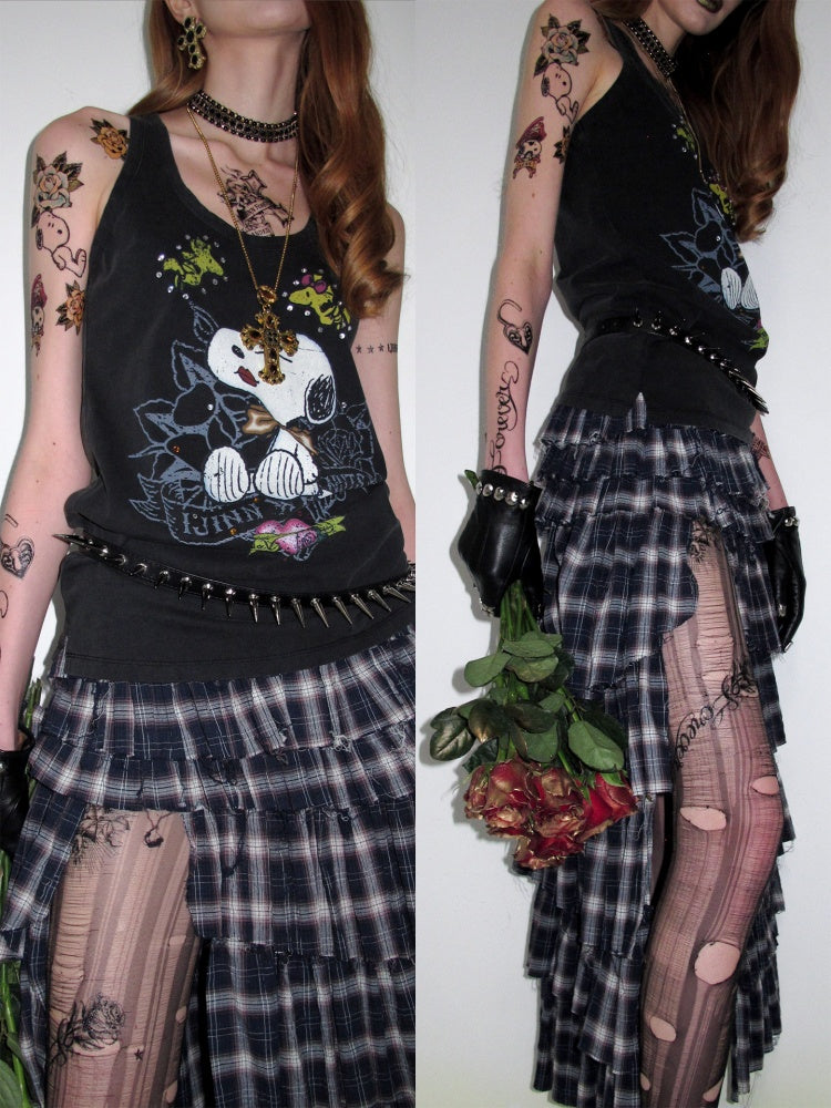 1JINN STUDIO × Snoopy Collaboration vVintage Printed Washed Loose Rhinestone U-Line Tank Top【s0000017840】