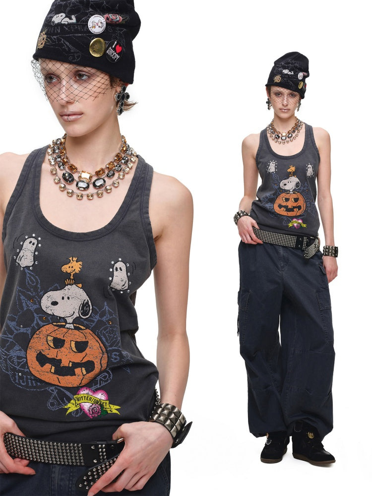 1JINN STUDIO × Snoopy Collaboration vVintage Printed Washed Loose Rhinestone U-Line Tank Top【s0000017840】
