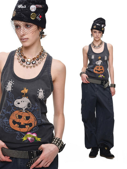 1JINN STUDIO × Snoopy Collaboration vVintage Printed Washed Loose Rhinestone U-Line Tank Top【s0000017840】