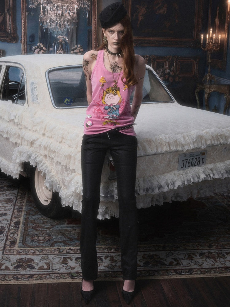 1JINN STUDIO × Snoopy Collaboration vVintage Printed Washed Loose Rhinestone U-Line Tank Top【s0000017840】