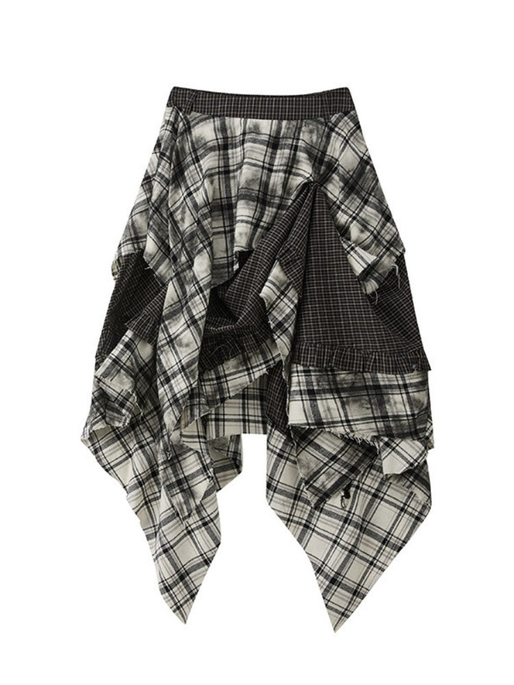 Plaid Asymmetrical Patchwork High-Waisted Midi Skirt 【s0000017942】