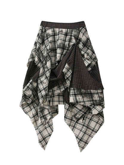 Plaid Asymmetrical Patchwork High-Waisted Midi Skirt 【s0000017942】