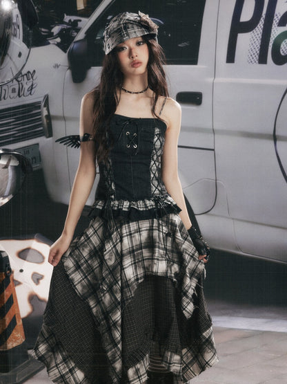 Plaid Asymmetrical Patchwork High-Waisted Midi Skirt 【s0000017942】