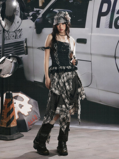 Plaid Asymmetrical Patchwork High-Waisted Midi Skirt 【s0000017942】