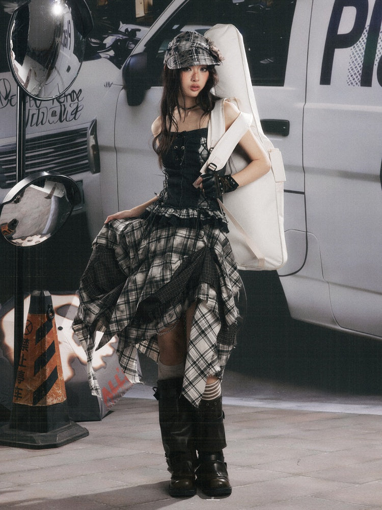 Plaid Asymmetrical Patchwork High-Waisted Midi Skirt 【s0000017942】