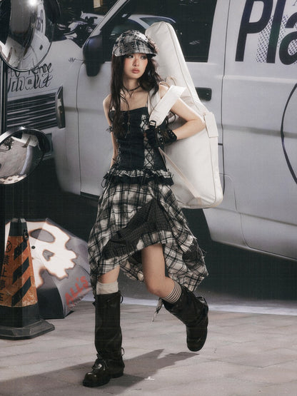 Plaid Asymmetrical Patchwork High-Waisted Midi Skirt 【s0000017942】