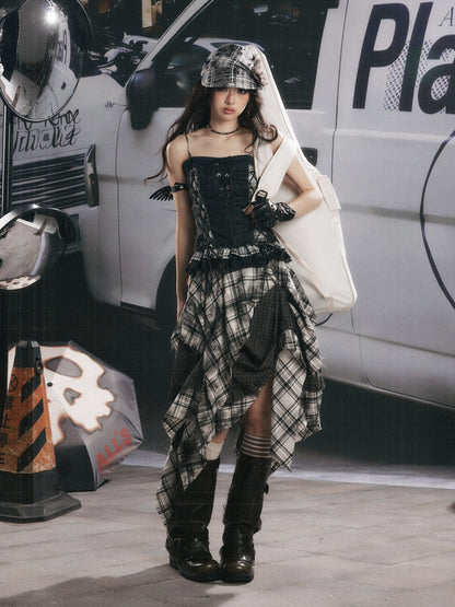 Plaid Asymmetrical Patchwork High-Waisted Midi Skirt 【s0000017942】
