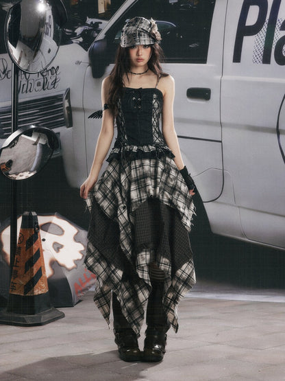 Plaid Asymmetrical Patchwork High-Waisted Midi Skirt 【s0000017942】