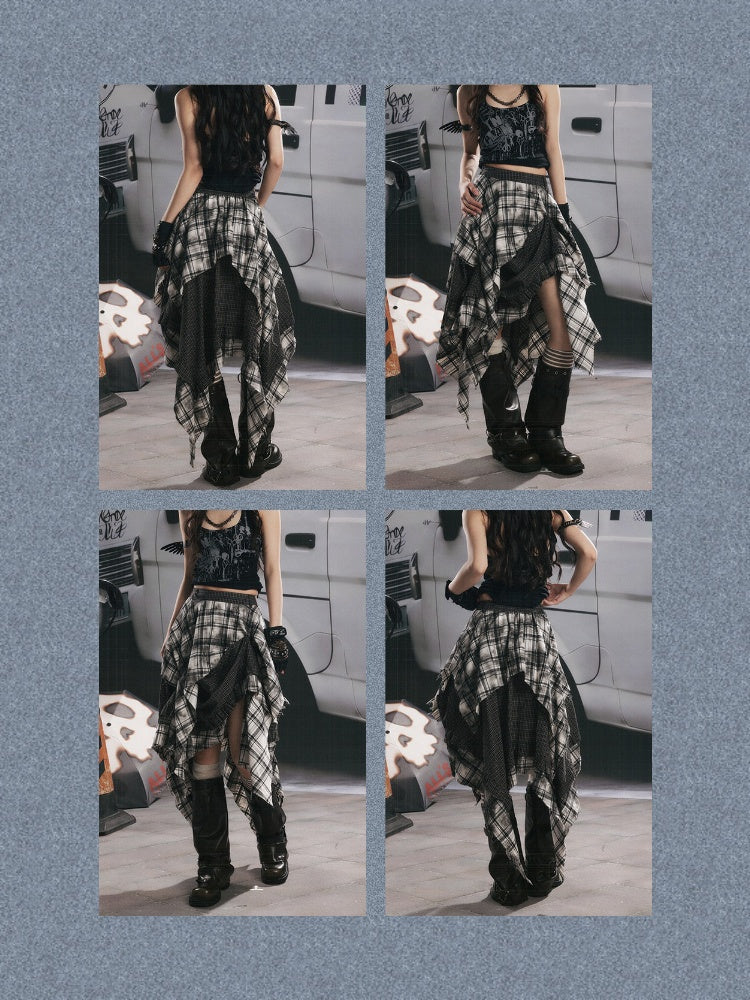 Plaid Asymmetrical Patchwork High-Waisted Midi Skirt 【s0000017942】