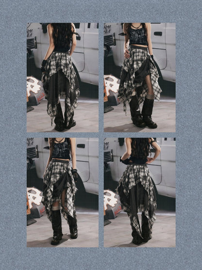 Plaid Asymmetrical Patchwork High-Waisted Midi Skirt 【s0000017942】